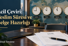 Londra, Paris, Ankara ve Tokyo saatleriyle acil çeviriyi anlatan, Kurumsal Tercüme marka adını içeren kapak görseli.
