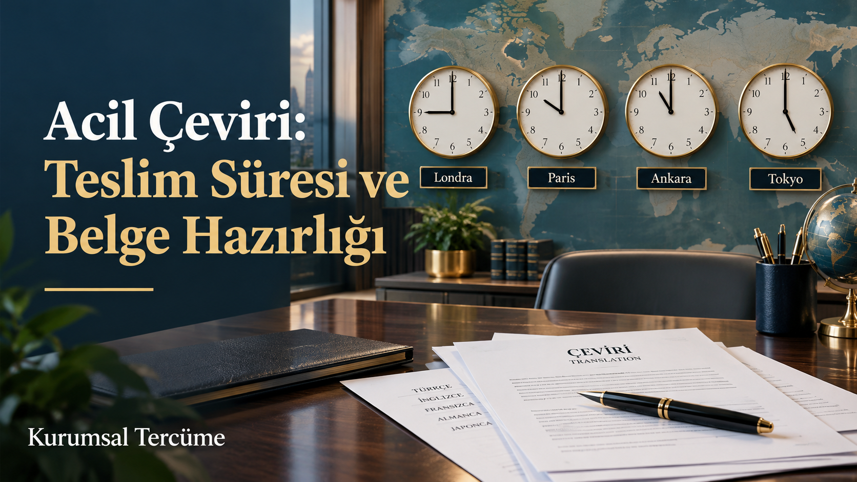 Londra, Paris, Ankara ve Tokyo saatleriyle acil çeviriyi anlatan, Kurumsal Tercüme marka adını içeren kapak görseli.