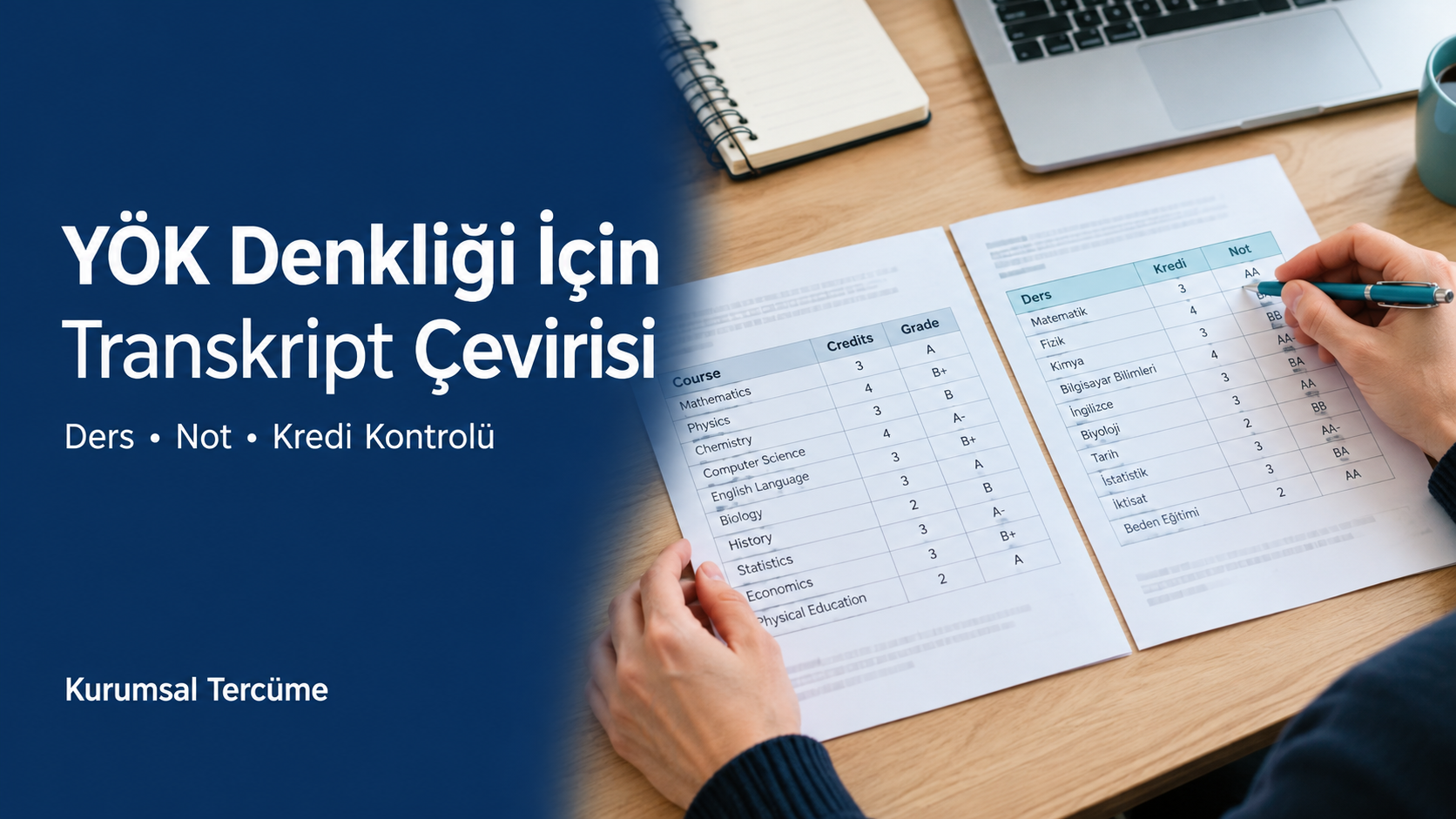 YÖK denklik transkript çevirisi için kaynak belge ile Türkçe çalışma nüshasındaki ders, kredi ve not bilgilerini karşılaştıran çevirmenin elleri